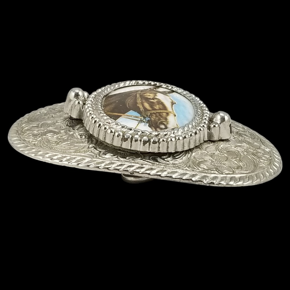 Western Cowboy Horse Head Oval Belt Buckle Silver Tone Ornate Engraved - Picture 5 of 9
